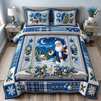 Moonlight Santa quilted 3-piece bedding set on a made bed in a winter-styled bedroom