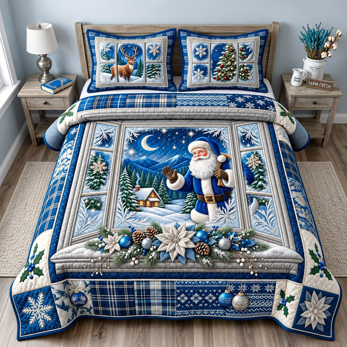 Moonlight Santa quilted 3-piece bedding set on a made bed in a winter-styled bedroom