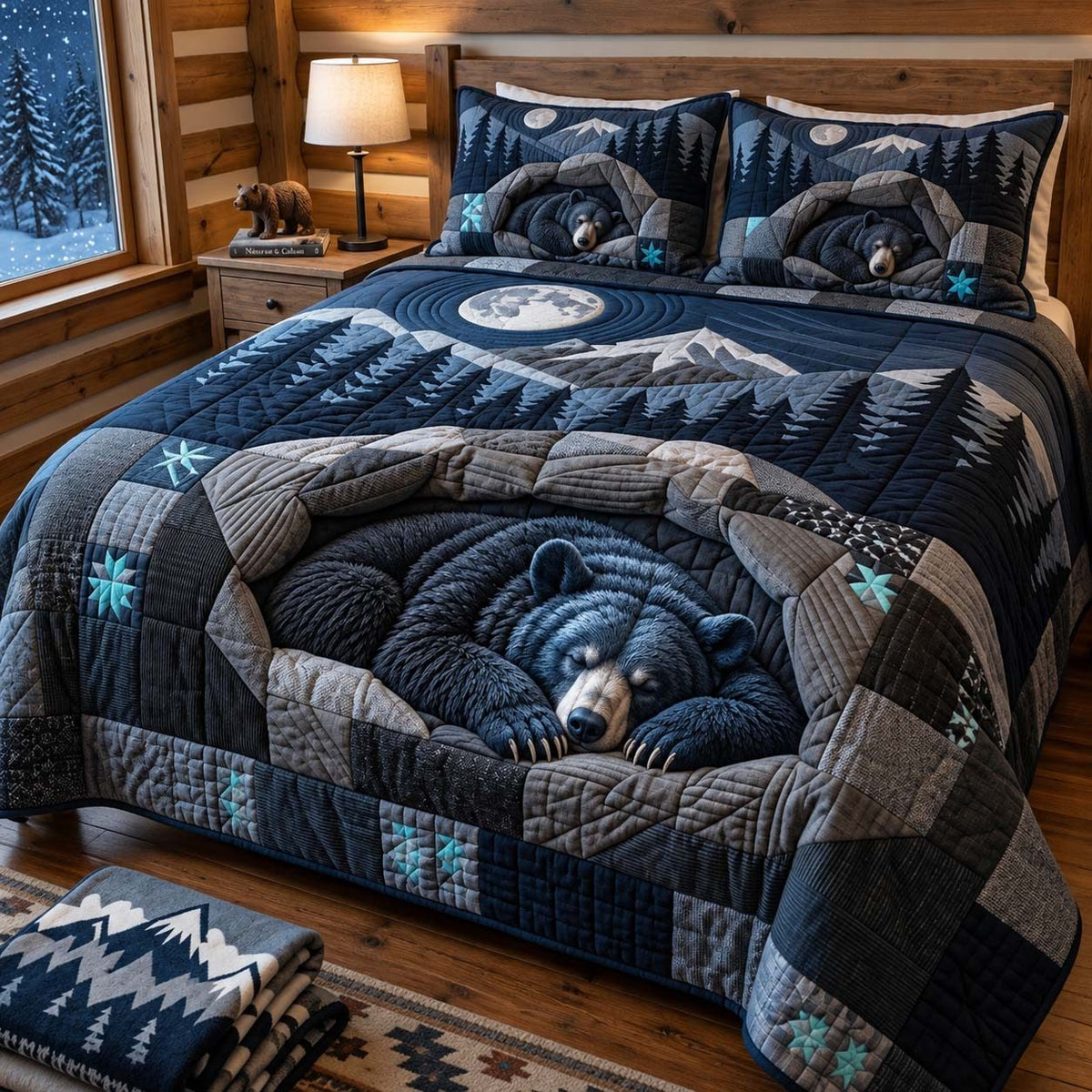 Moonlit Bear Cave quilted 3-piece bedding set on a made bed with two matching pillow shams