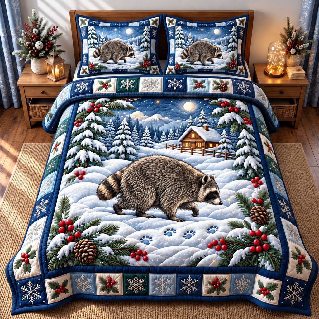Moonlit Cabin Snow Raccoon quilted 3-piece bedding set on a made bed with two matching pillow shams