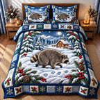 Moonlit Cabin Snow Raccoon quilted 3-piece bedding set on a made bed with two matching pillow shams