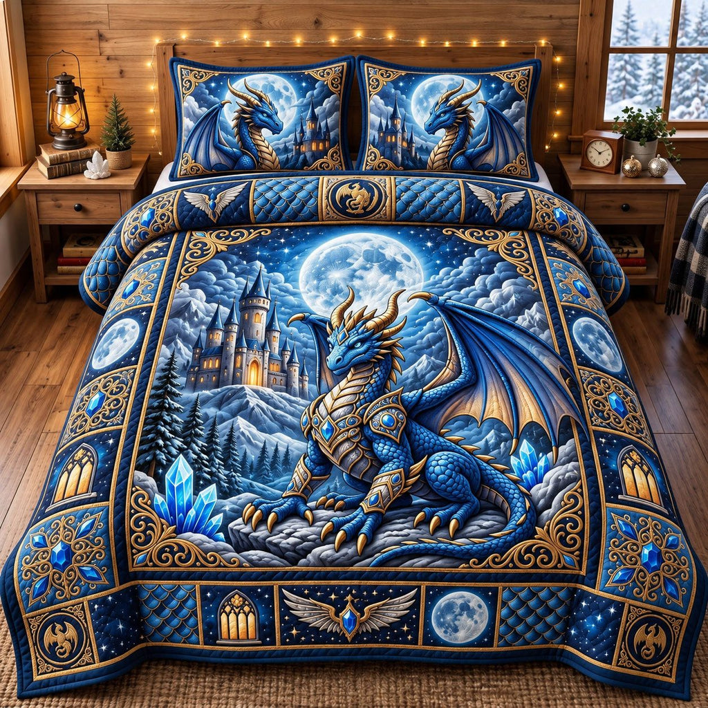 Moonlit Castle Blue Dragon quilted 3-piece bedding set on a made bed with two matching pillow shams