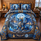 Moonlit Castle Blue Dragon quilted 3-piece bedding set on a made bed with two matching pillow shams