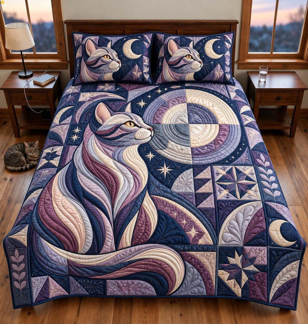 Moonlit Cat quilted 3-piece bedding set on a made bed with two matching pillow shams