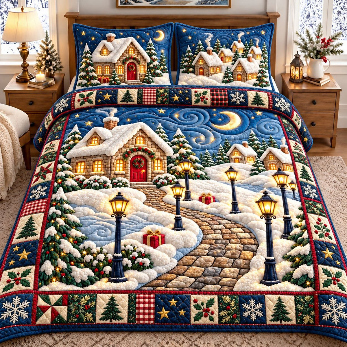 Moonlit Christmas Cottage quilted 3-piece bedding set on a made bed in a winter-styled bedroom