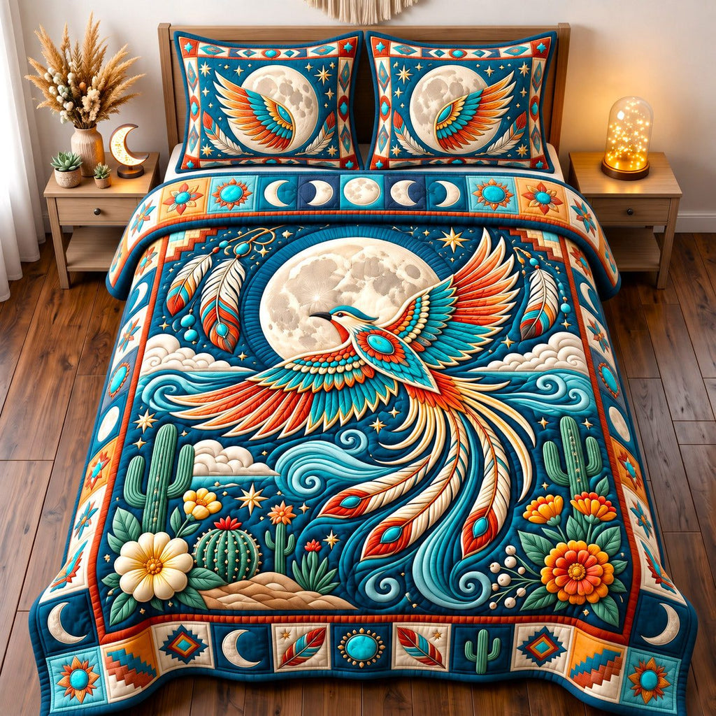Moonlit Desert Sacred Bird quilted 3-piece bedding set on a made bed in a softly lit bedroom