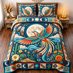 Moonlit Desert Sacred Bird quilted 3-piece bedding set on a made bed in a softly lit bedroom