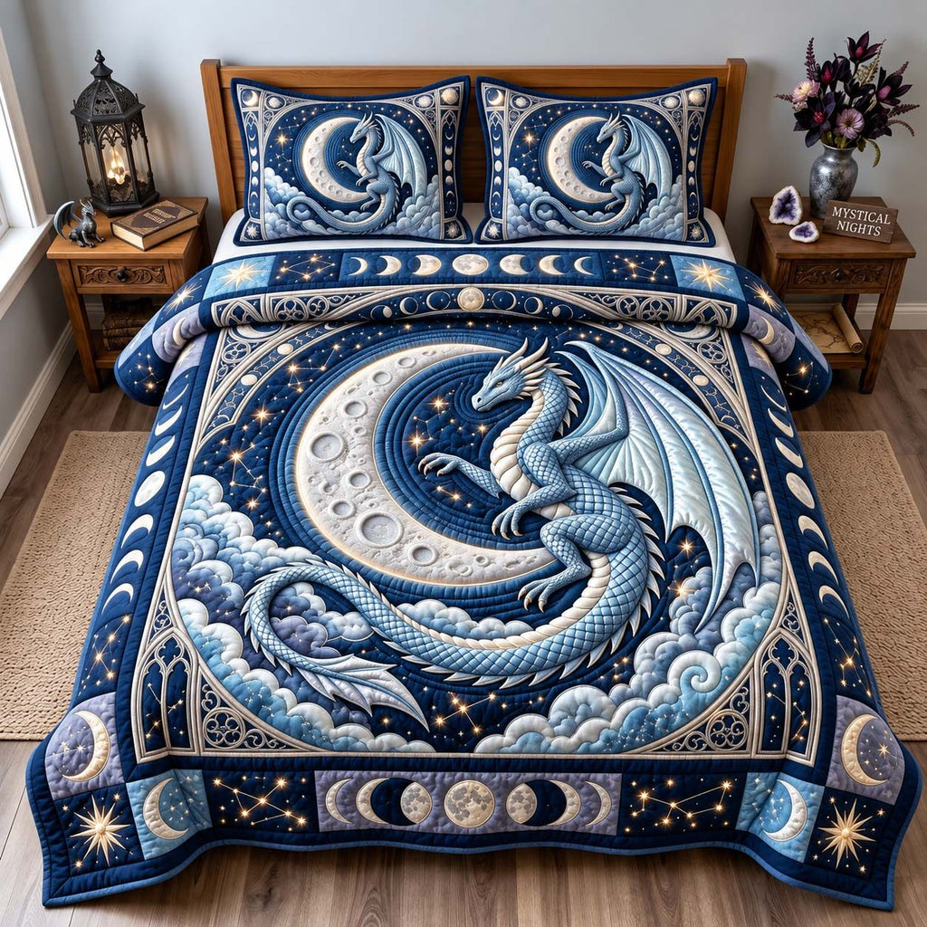 Moonlit Dragon quilted 3-piece bedding set on a made bed with two matching pillow shams