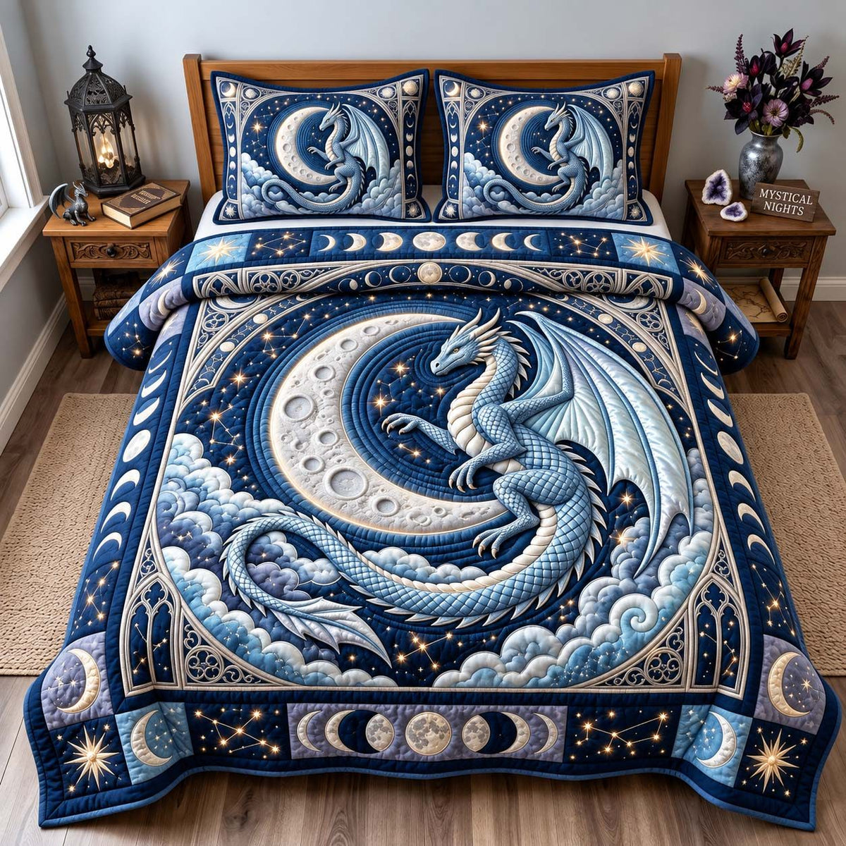 Moonlit Dragon quilted 3-piece bedding set on a made bed with two matching pillow shams