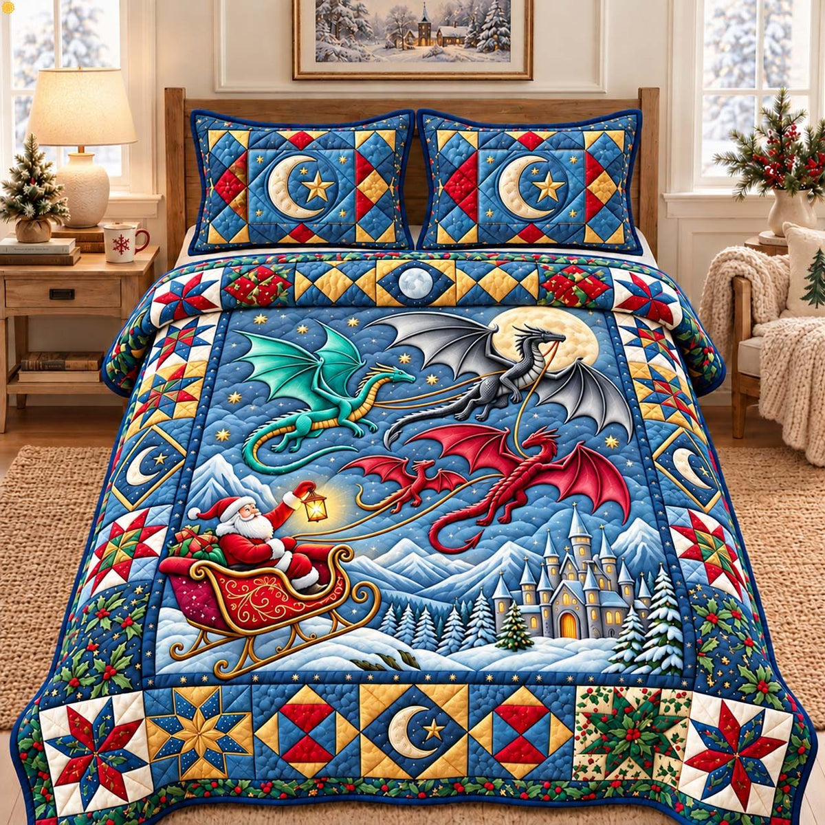 Moonlit Dragon Sleigh quilted 3-piece bedding set on a made bed in a winter-styled bedroom
