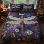 Moonlit Dragonfly Purple quilted 3-piece bedding set on a made bed with two matching pillow shams