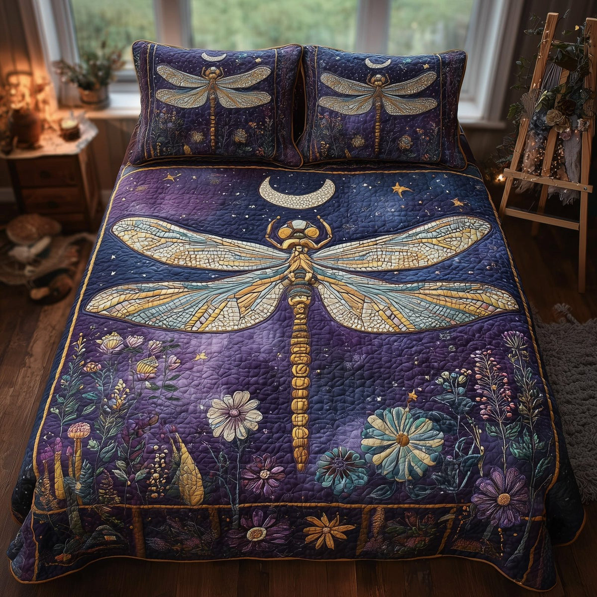 Moonlit Dragonfly Purple quilted 3-piece bedding set on a made bed with two matching pillow shams