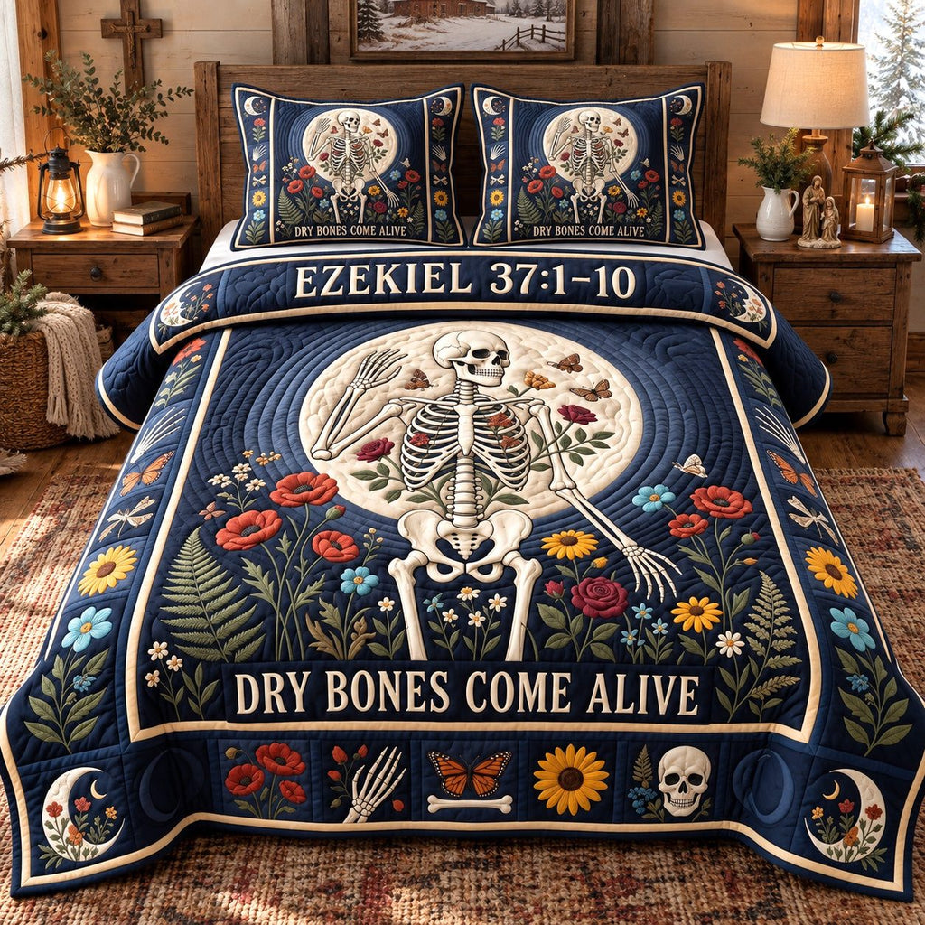 Moonlit Dry Bones Come Alive quilted 3-piece bedding set on a made bed against a dark styled interior