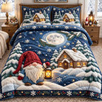 Moonlit Gnome Cottage quilted 3-piece bedding set on a made bed in a farmhouse bedroom