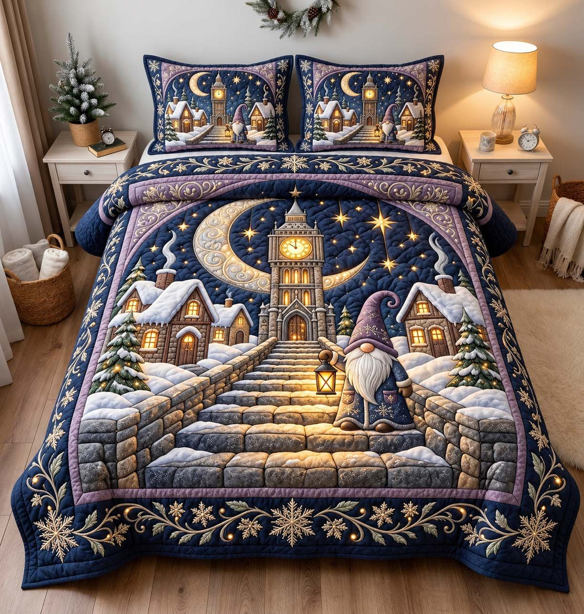 Moonlit Gnome Village quilted 3-piece bedding set on a made bed with two matching pillow shams