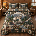 Moonlit Howling Wolf Rustic quilted 3-piece bedding set on a made bed in a farmhouse bedroom