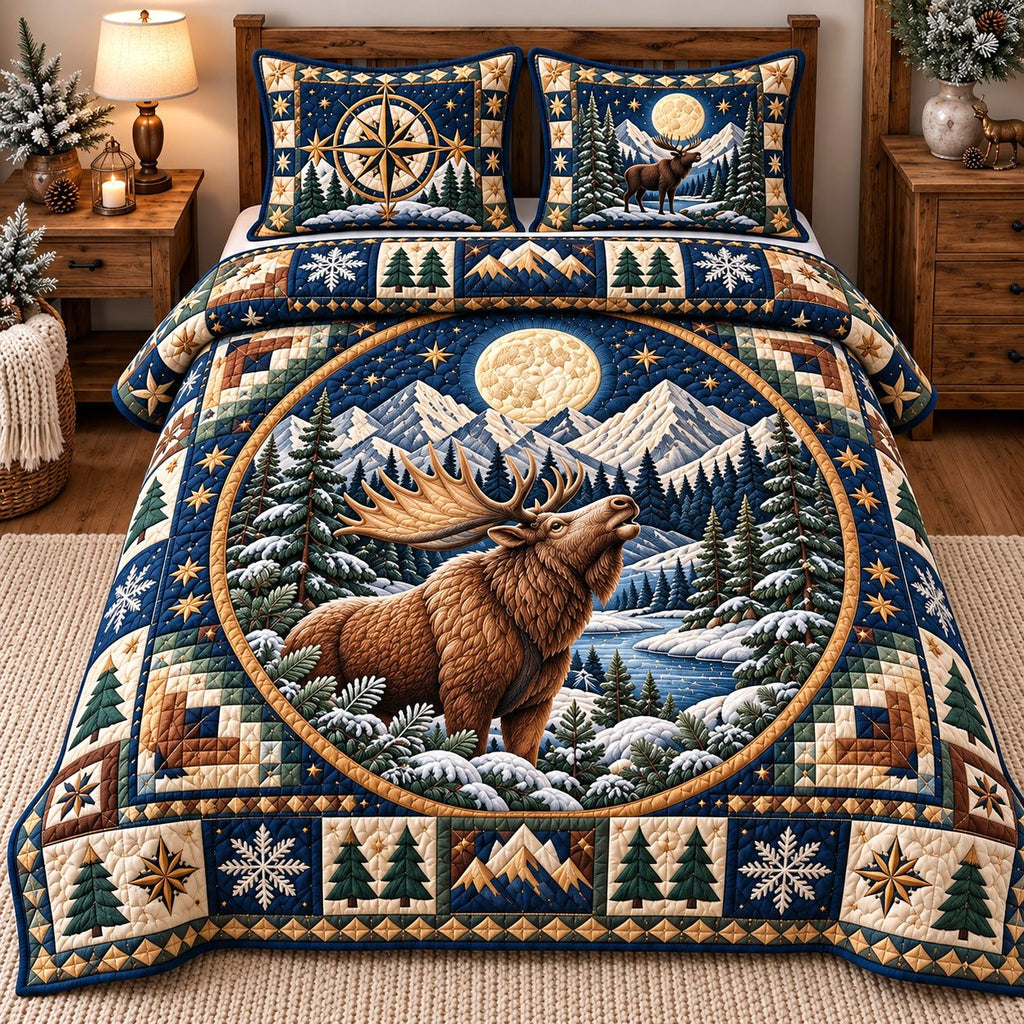 Moonlit Moose Melody quilted 3-piece bedding set on a made bed with two matching pillow shams