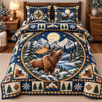 Moonlit Moose Melody quilted 3-piece bedding set on a made bed with two matching pillow shams