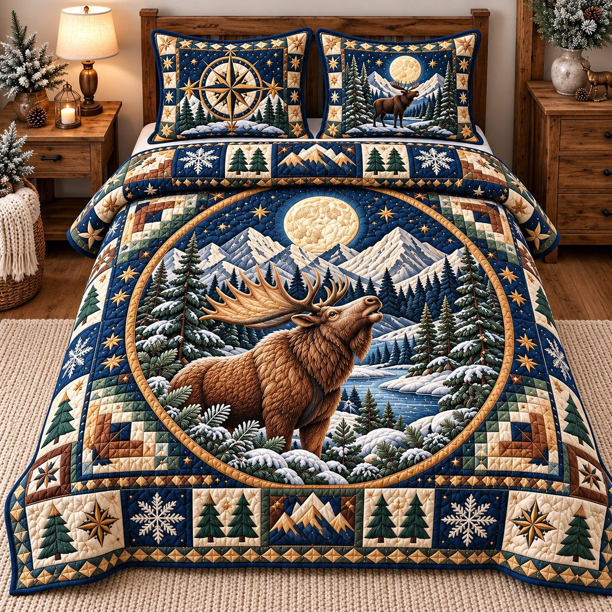 Moonlit Moose Melody quilted 3-piece bedding set on a made bed with two matching pillow shams