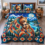 Moonlit Mother Bear Cabin quilted 3-piece bedding set on a made bed with two matching pillow shams