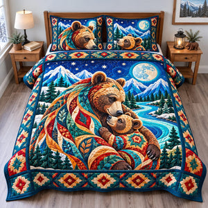 Moonlit Mother Bear Cabin 3-Piece Quilted Bedding Set