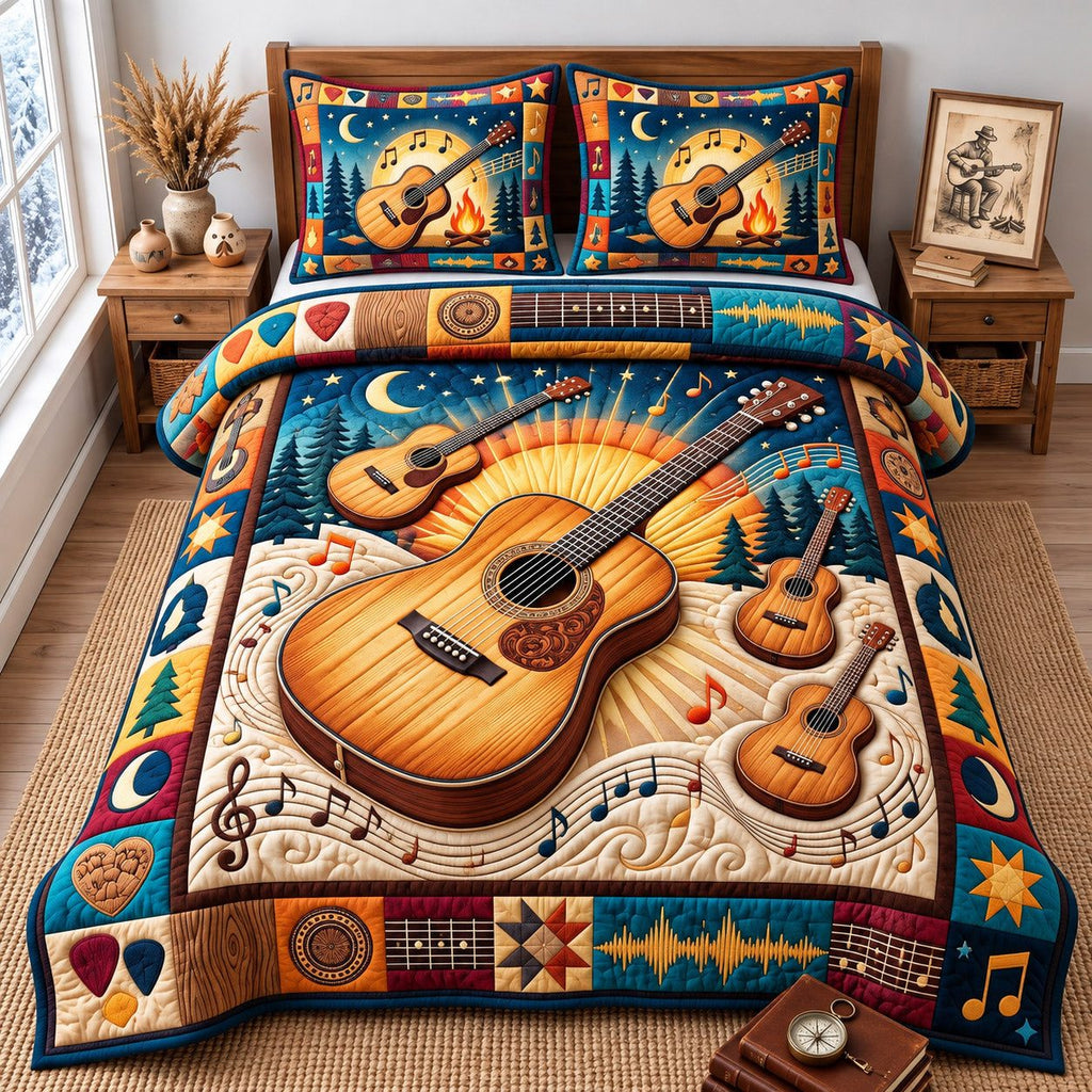 Moonlit Music Notes Acoustic Guitar quilted 3-piece bedding set on a made bed with two matching pillow shams