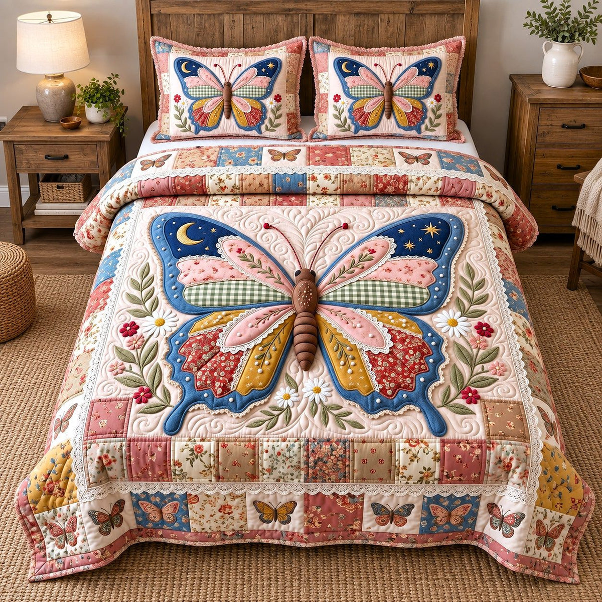 Moonlit Pink Patchwork Butterfly quilted 3-piece bedding set on a made bed in a farmhouse bedroom