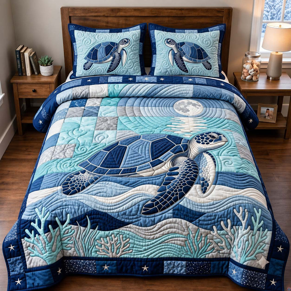 Moonlit Sea Turtle quilted 3-piece bedding set on a made bed in a light coastal bedroom