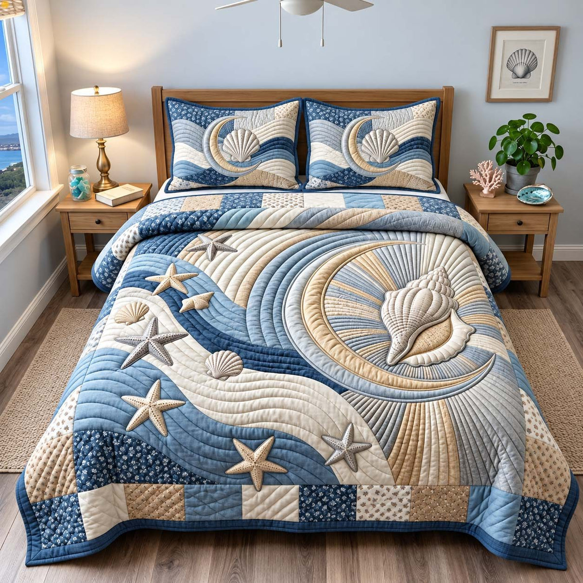 Moonlit Seashell quilted 3-piece bedding set on a made bed in a light coastal bedroom