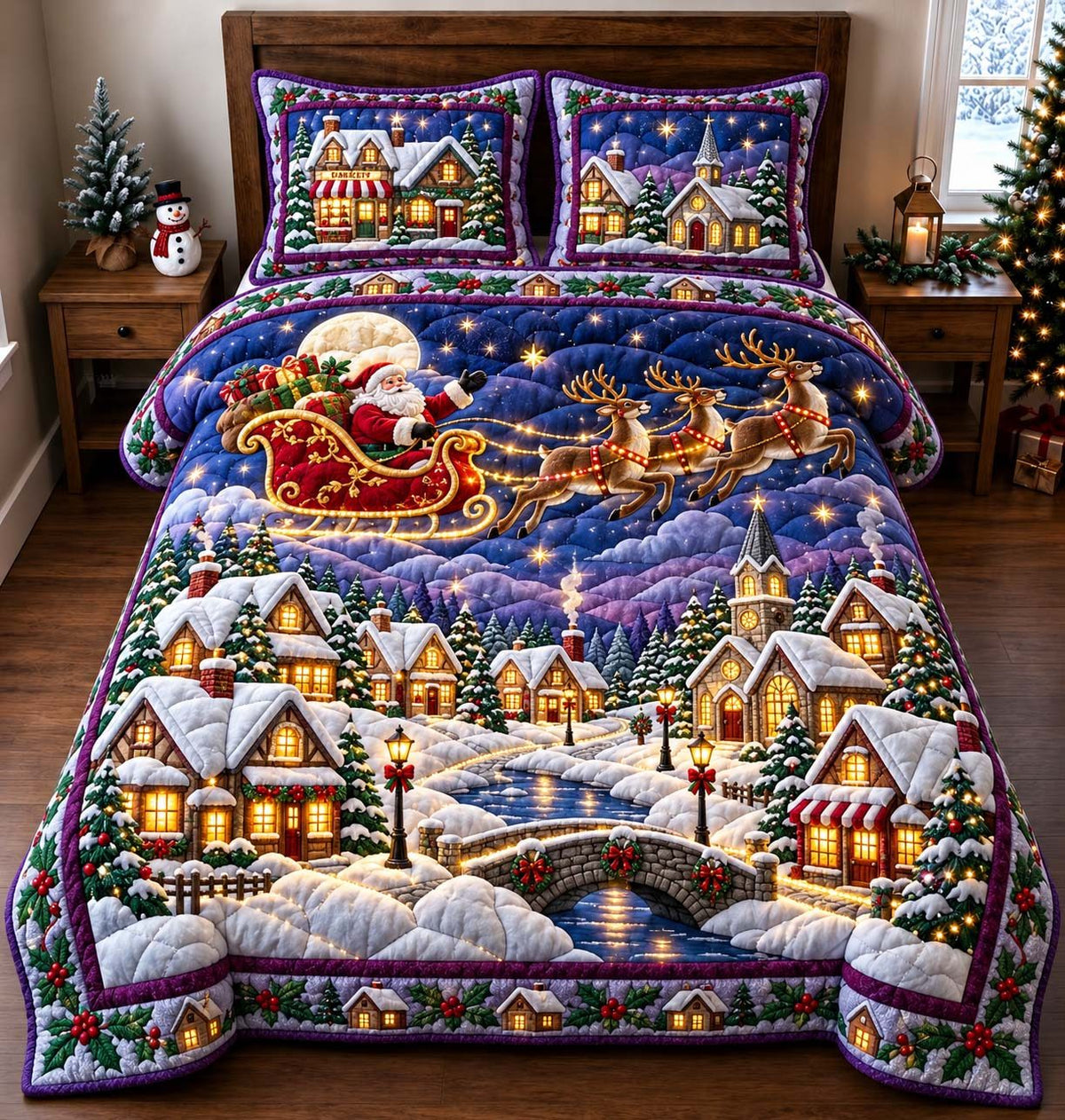 Moonlit Sleigh Ride quilted 3-piece bedding set on a made bed in a winter-styled bedroom