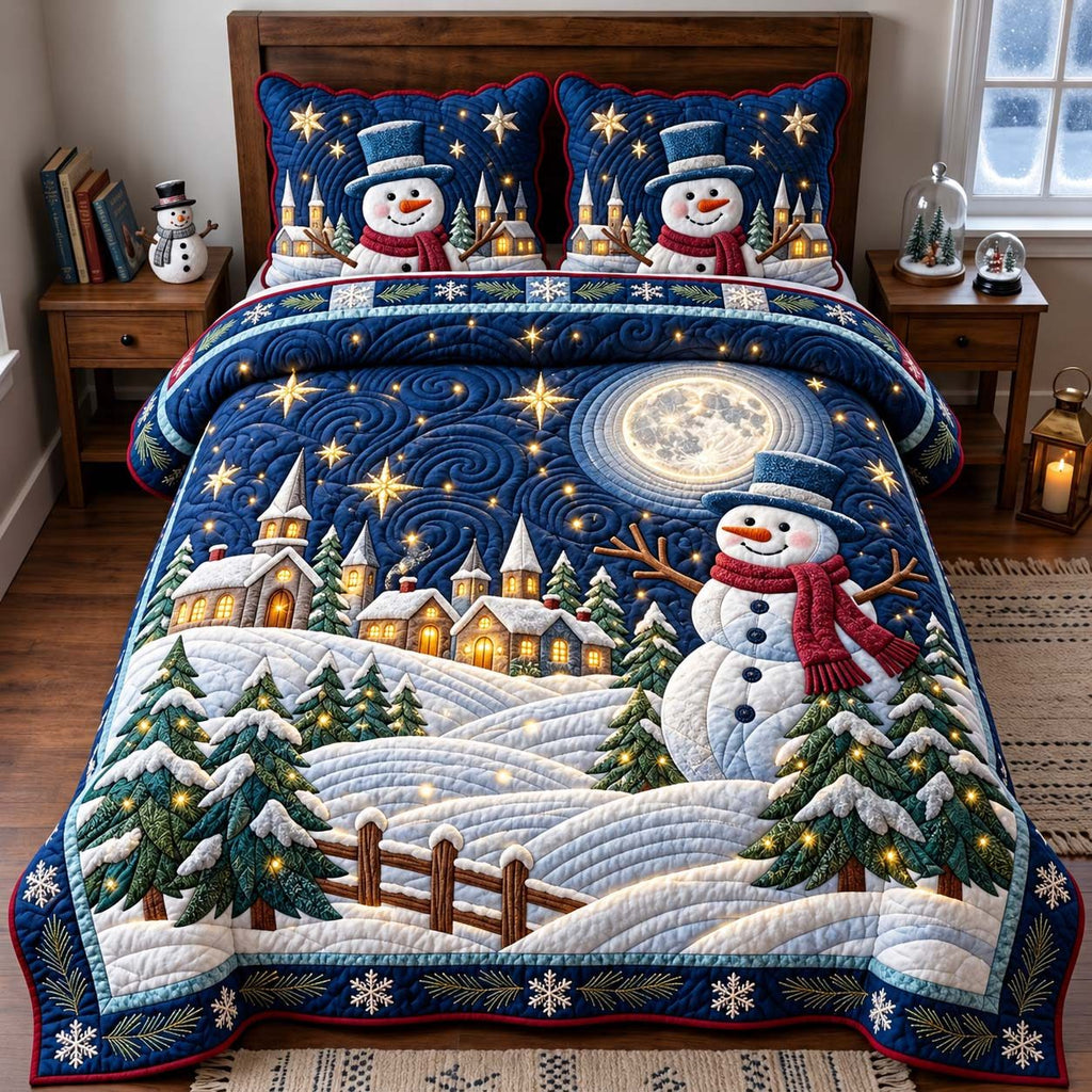 Moonlit Snowman Village quilted 3-piece bedding set on a made bed in a winter-styled bedroom