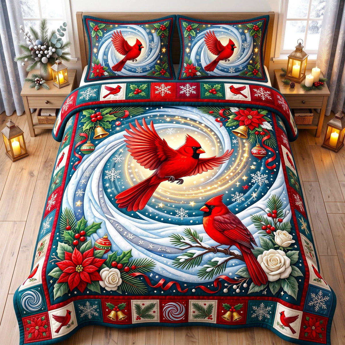 Moonlit Swirl Red Cardinal quilted 3-piece bedding set on a made bed with two matching pillow shams