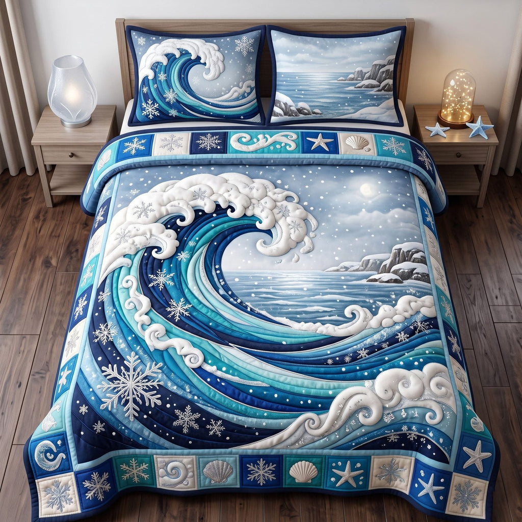 Moonlit Wave quilted 3-piece bedding set on a made bed in a light coastal bedroom