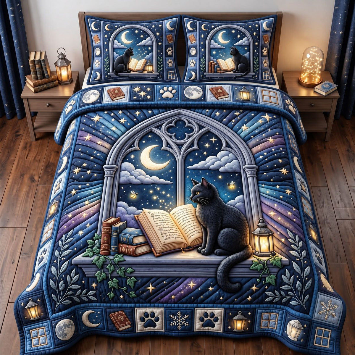 Moonlit Window Black Cat quilted 3-piece bedding set on a made bed with two matching pillow shams