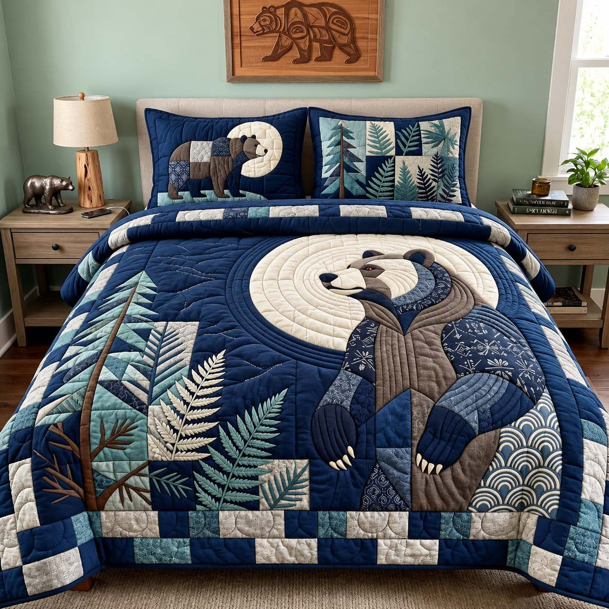 Moonlit Woodland Bear quilted 3-piece bedding set on a made bed with two matching pillow shams