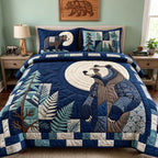 Moonlit Woodland Bear quilted 3-piece bedding set on a made bed with two matching pillow shams