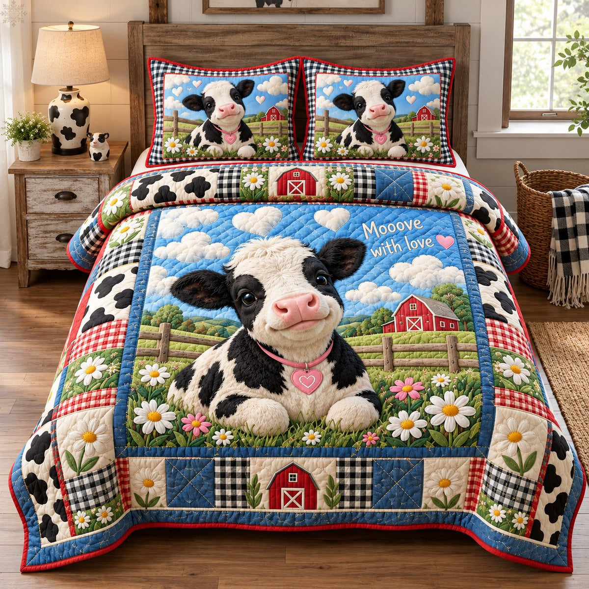 Mooove With Love quilted 3-piece bedding set on a made bed with two matching pillow shams