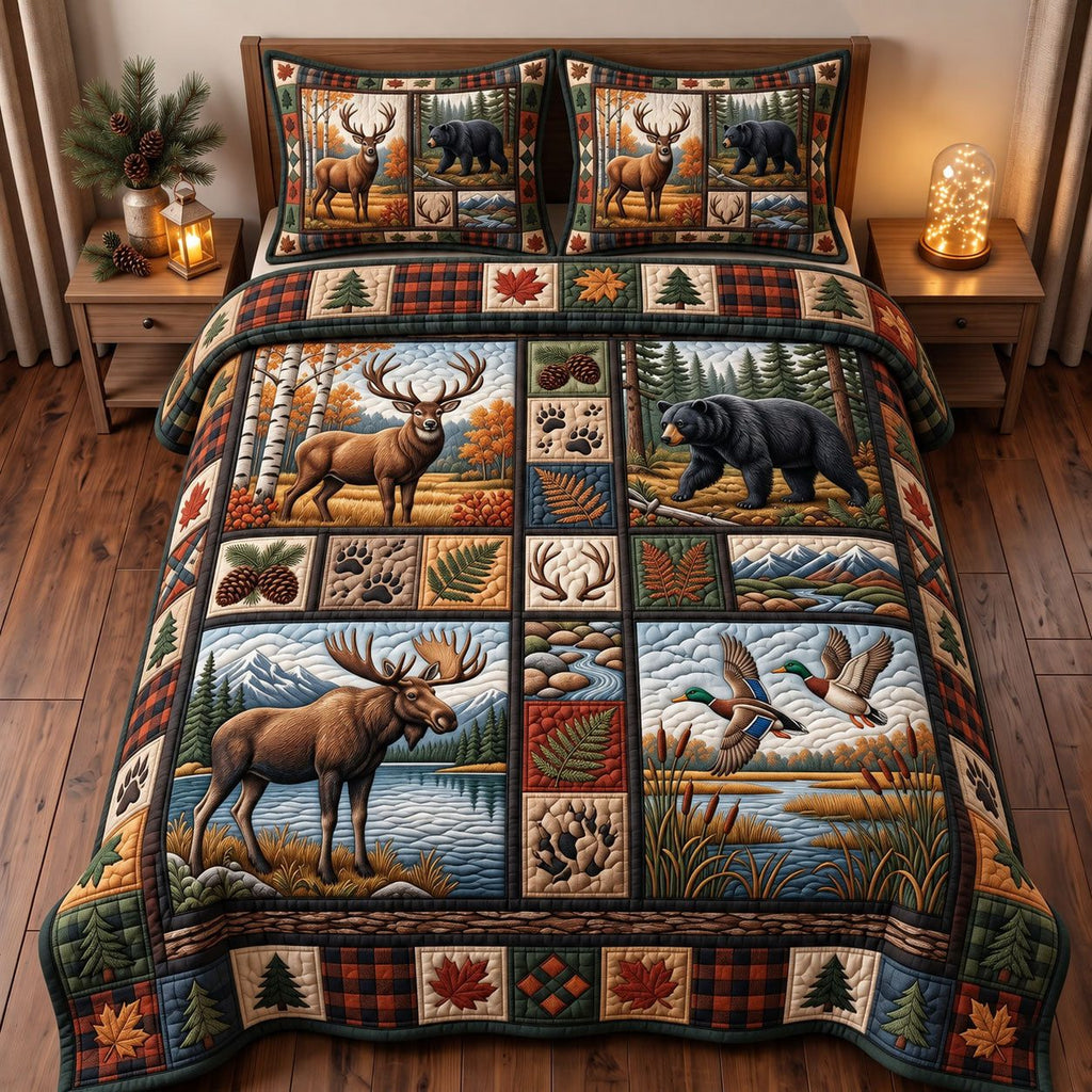 Moose Bear Duck Patchwork quilted 3-piece bedding set on a made bed in a farmhouse bedroom