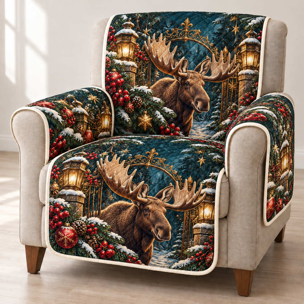 Moose Cranberry Lantern Gate printed Christmas quilted sofa cover; design mockup showing a flat printed depth effect.