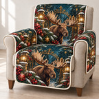 Moose Cranberry Lantern Gate printed Christmas quilted sofa cover; design mockup showing a flat printed depth effect.