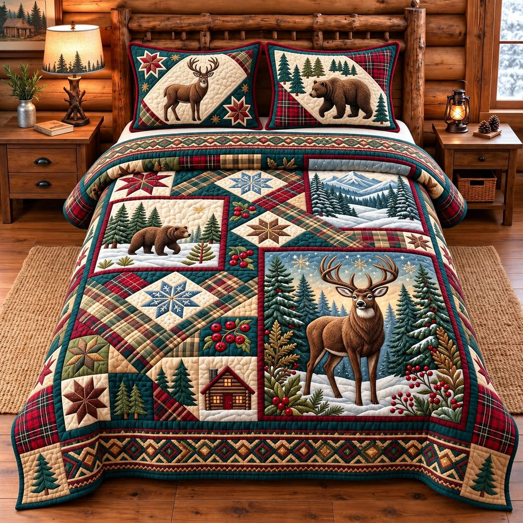Moose Forest quilted 3-piece bedding set on a made bed with two matching pillow shams