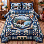 Moose Fox Winter Forest quilted 3-piece bedding set on a made bed in a winter-styled bedroom