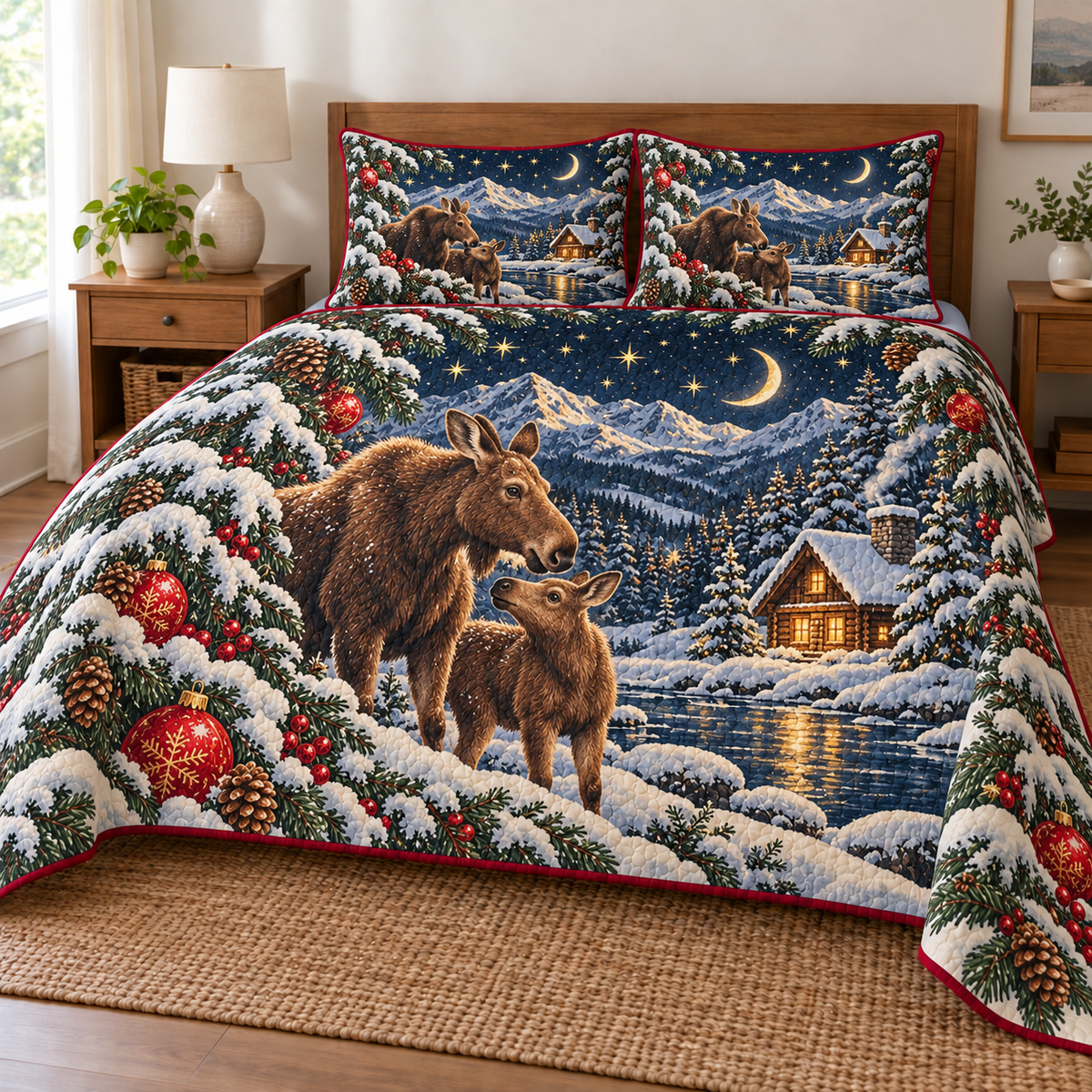 Moose Moon Cabin printed Christmas quilt and two matching pillow shams; design mockup showing a flat printed depth effect.