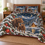 Moose Moon Cabin printed Christmas quilt and two matching pillow shams; design mockup showing a flat printed depth effect.