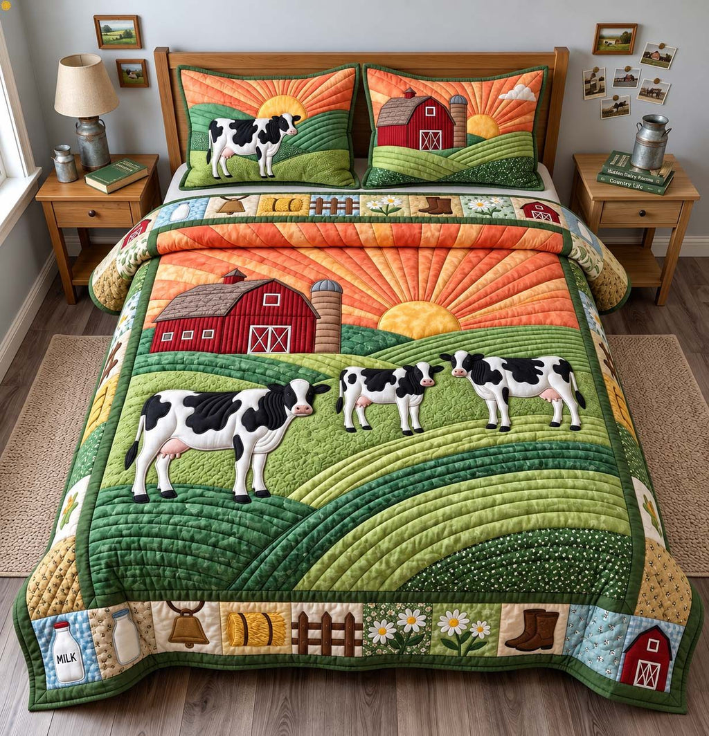 Morning Dairy Farm quilted 3-piece bedding set on a made bed with two matching pillow shams