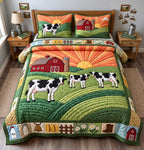 Morning Dairy Farm quilted 3-piece bedding set on a made bed with two matching pillow shams