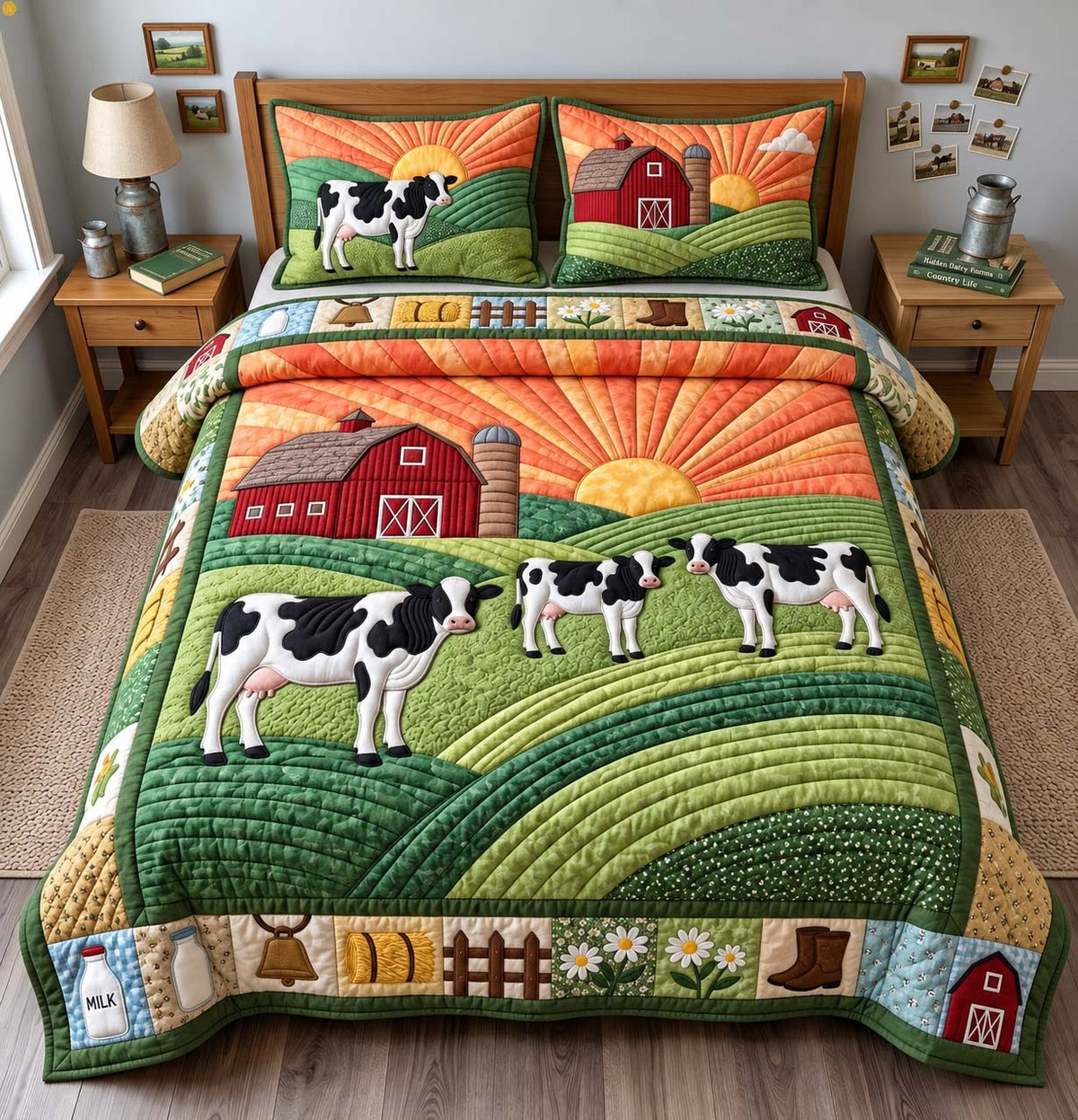Morning Dairy Farm quilted 3-piece bedding set on a made bed with two matching pillow shams