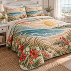 Morning Wildflower Meadow quilted 3-piece bedding set on a made bed with two matching pillow shams
