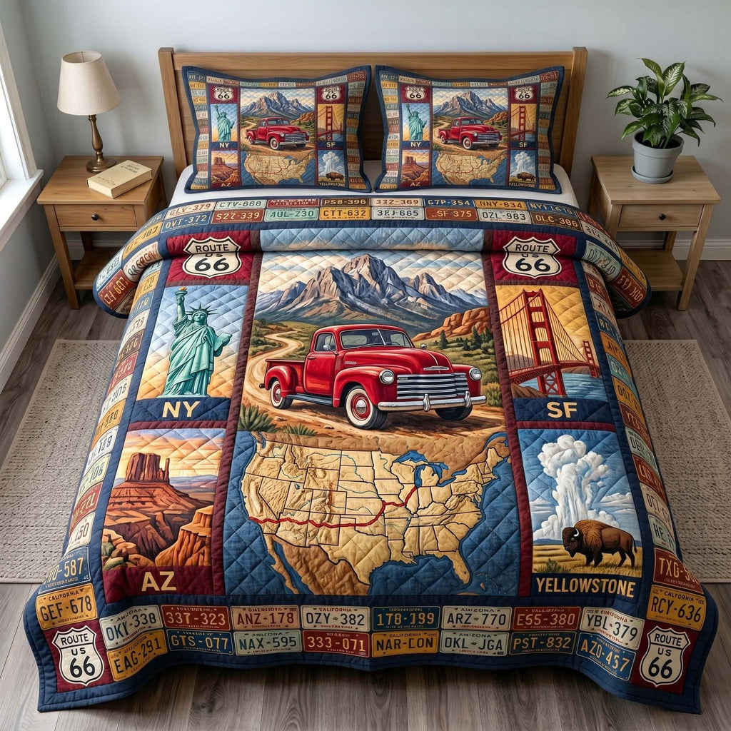 Mother Road Route 66 Landmarks quilted 3-piece bedding set on a made bed with two matching pillow shams