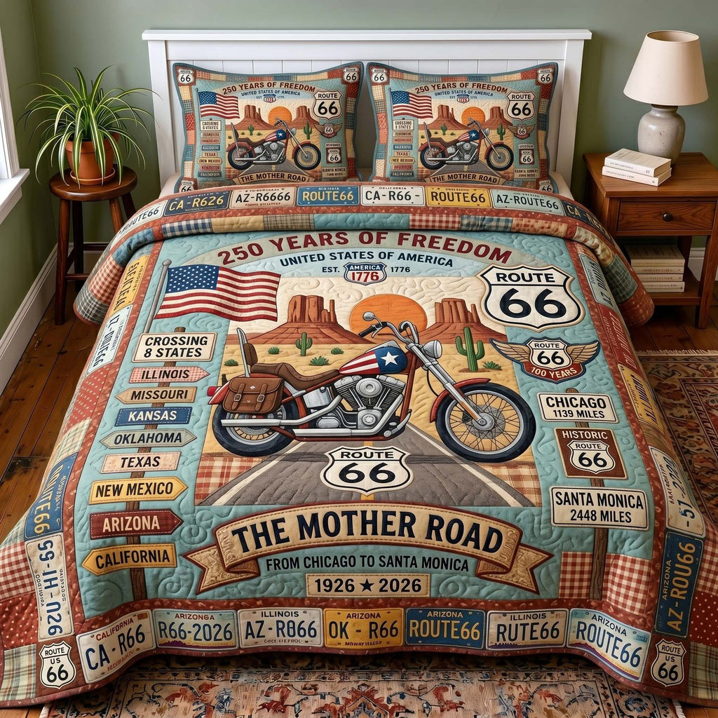 Mother Road Route 66 Motorcycle quilted 3-piece bedding set on a made bed with two matching pillow shams